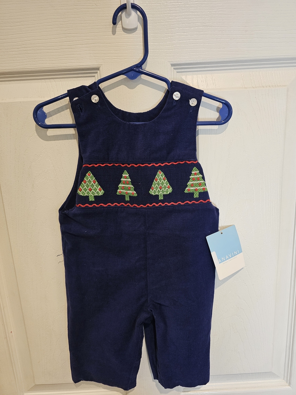 Kids Navy Corduroy Smocked Tree Overall